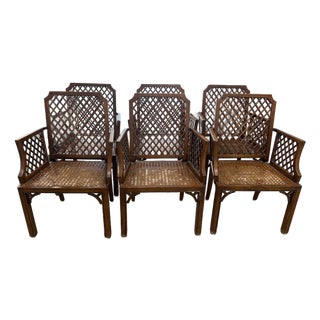 Set of 6 Walnut Chinese Chippendale-Style Lattice Armchairs With Cane Seats For Sale