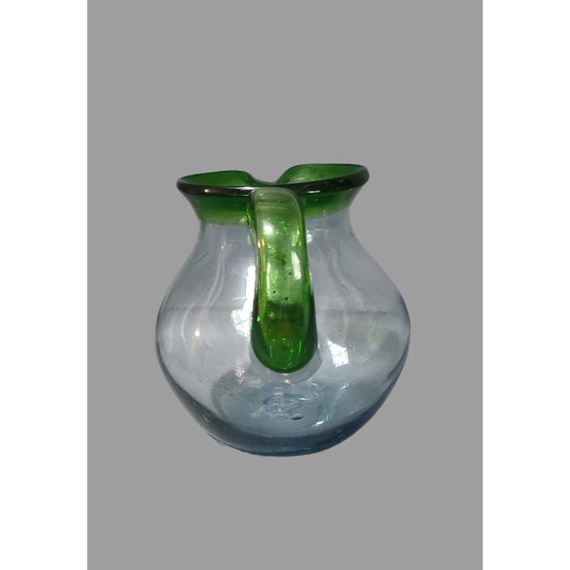 Mexican Vintage Colorful Mexican Hand-Blown Art Glass Attached Handle Pitcher Festive Green Rim For Sale - Image 3 of 6