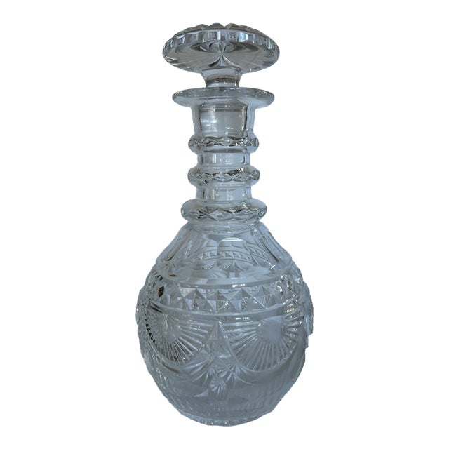 Mid 20th Century Anglo-Irish Heavy Cut Lead Crystal Decanter With Triple Ring and Mushroom Stopper For Sale