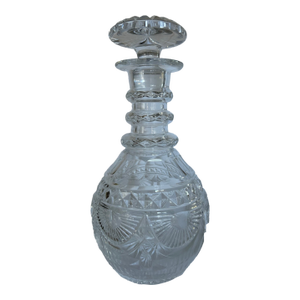 Mid 20th Century Anglo-Irish Heavy Cut Lead Crystal Decanter With Triple Ring and Mushroom Stopper