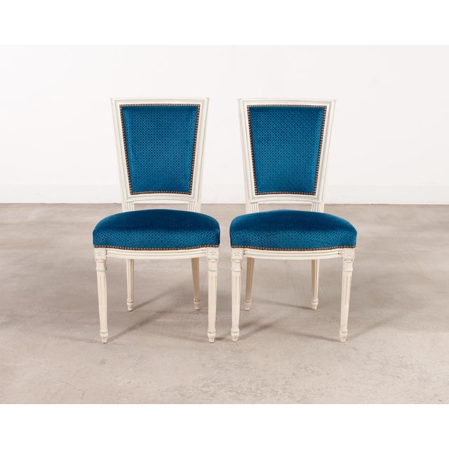 Set of Eight Louis XVI Style Painted Dining Chairs in Blue Velvet For Sale - Image 4 of 18