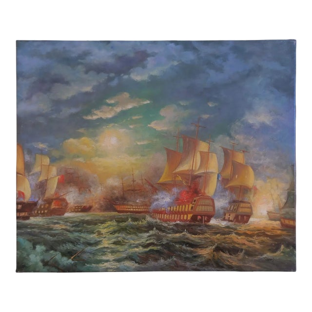Mid-20th Century Signed G. Tiom - Naval Battle Scene, Oil on Canvas For Sale