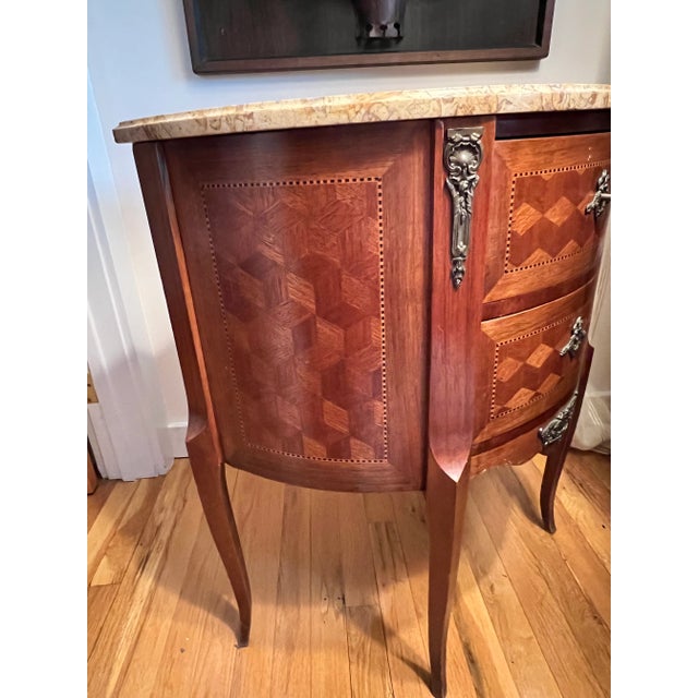 1920s Demi Lune Marquetry Inlaid Side Table with Marble Top For Sale In New York - Image 6 of 10