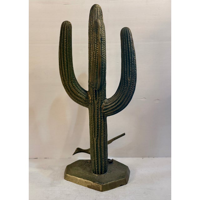 Mid 20th Century Brass Saguaro Cactus and Roadrunner Statue For Sale In New York - Image 6 of 9