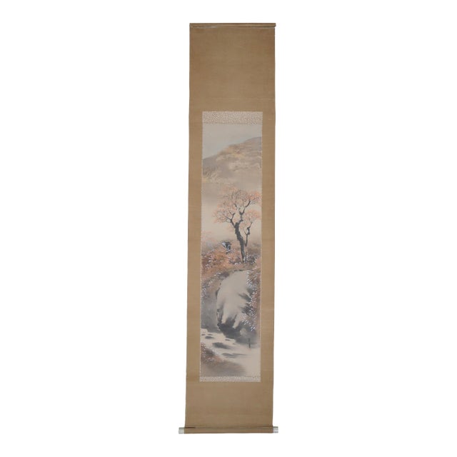 Antique Signed Asian Watercolor on Silk Landscape Figure Scroll Cherry Blossom For Sale
