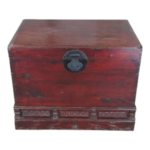 Late 19th Century Antique Chinese Shandong Ming Style Red Lacquer Elm Carved Chest Storage Trunk