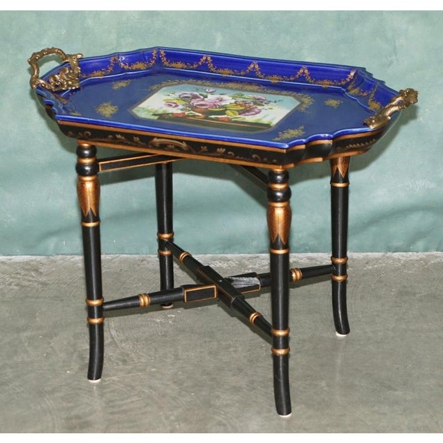 Stamped Cobalt Blue Porcelain and Gilt Metal Tray Table, 2000 For Sale - Image 3 of 18