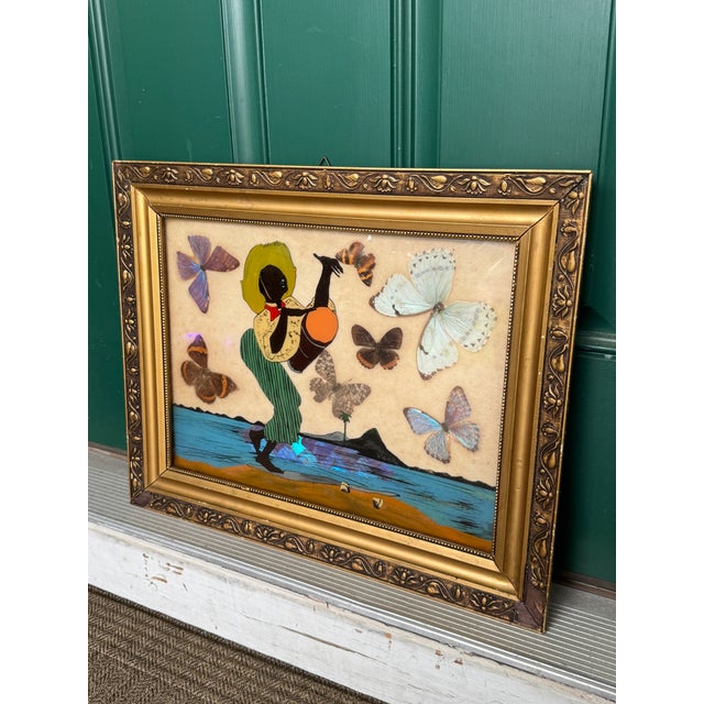 Vintage African Folk Art Iridescent Morpho Butterfly Wing Mosaic Made in Brazil For Sale - Image 9 of 15