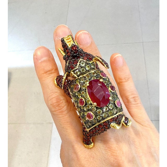 Ruby Red Bochic "Orient" Neoclassical Elephant Ruby & Sapphire Ring Set 18K Gold & Silver For Sale - Image 8 of 12