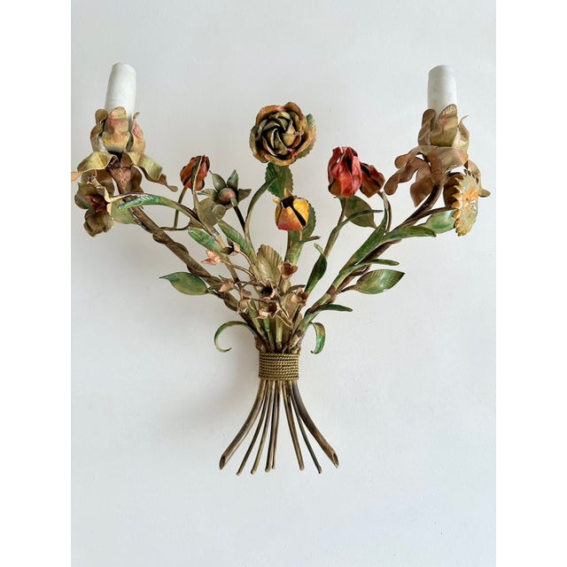 Italian Hand-Painted Tôle Rose Bouquet Two-Light Wall Sconce, 1950s For Sale - Image 14 of 15
