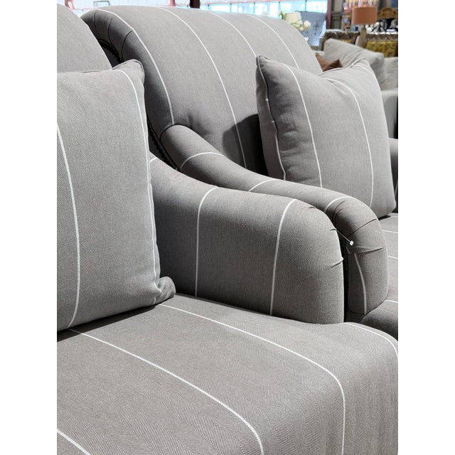 Wood Late 20th Century Pair of Bassett Neutral Pinstripe Linen Nailhead Accent Chairs With Casters For Sale - Image 7 of 11