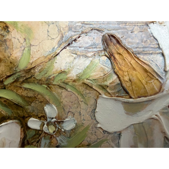 Vintage Ramon Textured Floral Still Life Painting Lilies Framed Canvas Art For Sale - Image 4 of 12