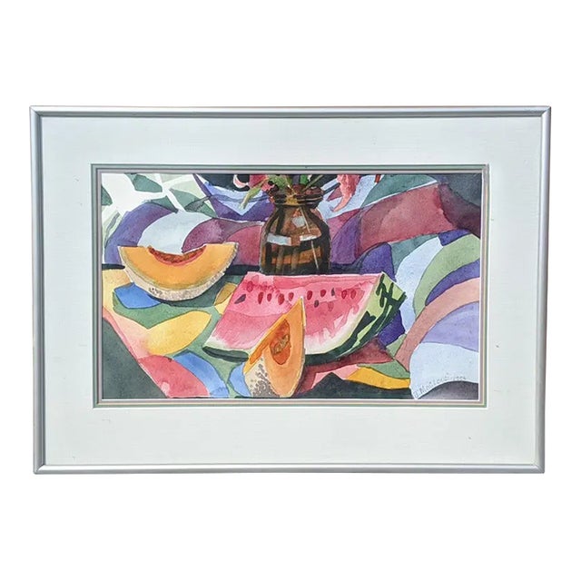 Vintage Cubist Fruit Still Life Watercolor Painting Signed by the Artist For Sale