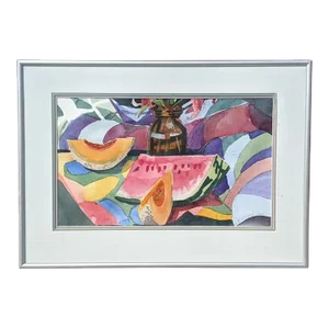 Vintage Cubist Fruit Still Life Watercolor Painting Signed by the Artist