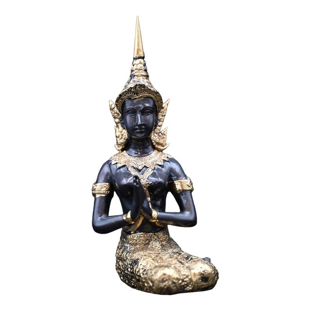 Mid 20th Century Antique Thai Teppanom Temple Guardian, 24k Gold Over Bronze Kneeling Angel Statue For Sale