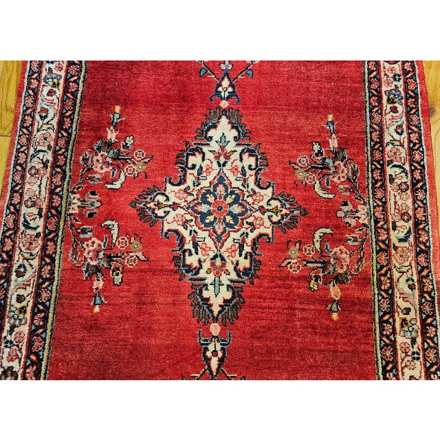 Persian Vintage Persian Hamadan Wide Runner, Hand-Knotted Wool, Open Field Geometric Pattern, Red & Ivory. 4x10 For Sale - Image 3 of 18
