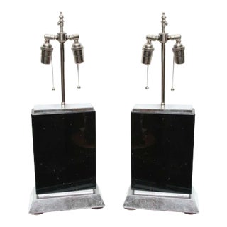 Deco Style Black Obsidian Marble Lamps on Slivered Wood Bases - A Pair For Sale