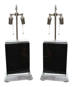 Deco Style Black Obsidian Marble Lamps on Slivered Wood Bases - A Pair