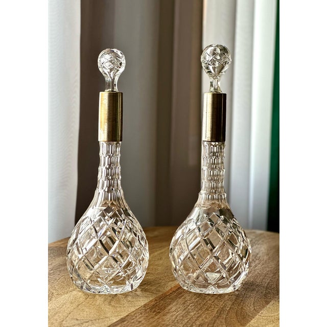 Victorian Cut Crystal Decanters with Brass Collars, 1930s, Set of 2 For Sale - Image 4 of 11