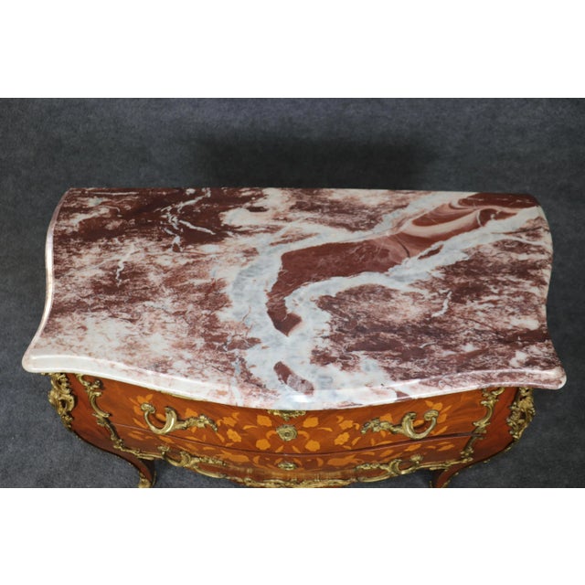 1930s Fine Quality Bronze Mounted Marble Top Inlaid Louis XV Commode Circa 1930 For Sale - Image 5 of 12