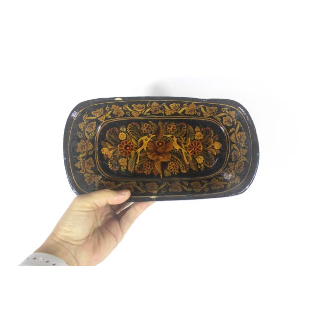 Vintage Kashmir Lacquered Wood Bowl Handmade Hand Painted Floral Leaf Bird Black Brown Yellow For Sale - Image 10 of 11
