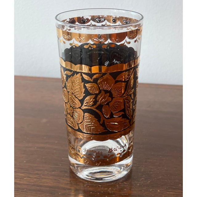 Georges Briard 1960s - Georges Briard Gold & Black Floral Highball Glasses - Set of 7 For Sale - Image 4 of 5