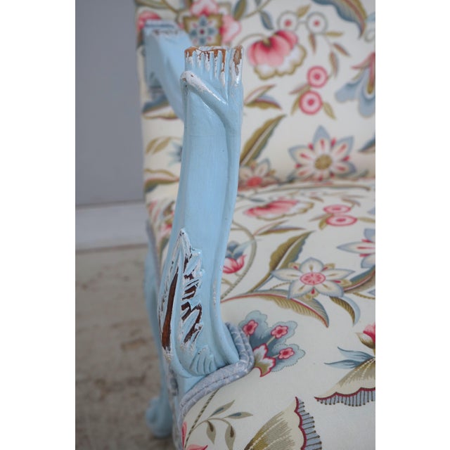 Pair of French Provincial Blue Frame Open Arm Chairs For Sale - Image 9 of 18