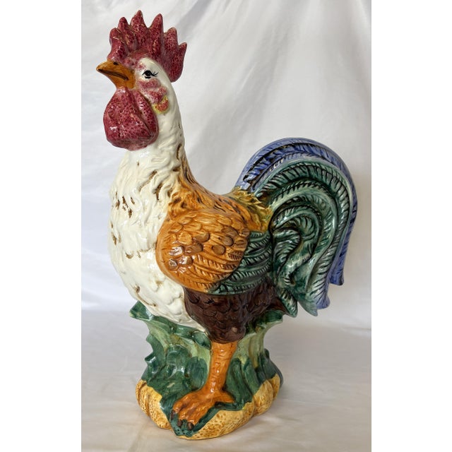 White Vintage Ceramic Majolica Colorful Rooster Figure For Sale - Image 8 of 14