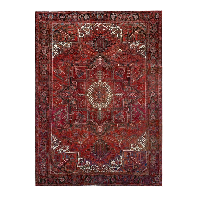 1960 7'10"x10'7" Red Centre Geometric Element Pure Wool Vintage Worn Down Clean Rug For Sale