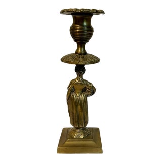 Antique 19th Century Regency Bronze Figural Lady W/Basket Candlestick Holder For Sale