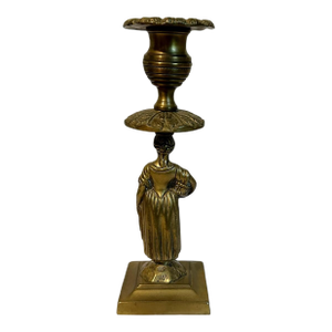 Antique 19th Century Regency Bronze Figural Lady W/Basket Candlestick Holder