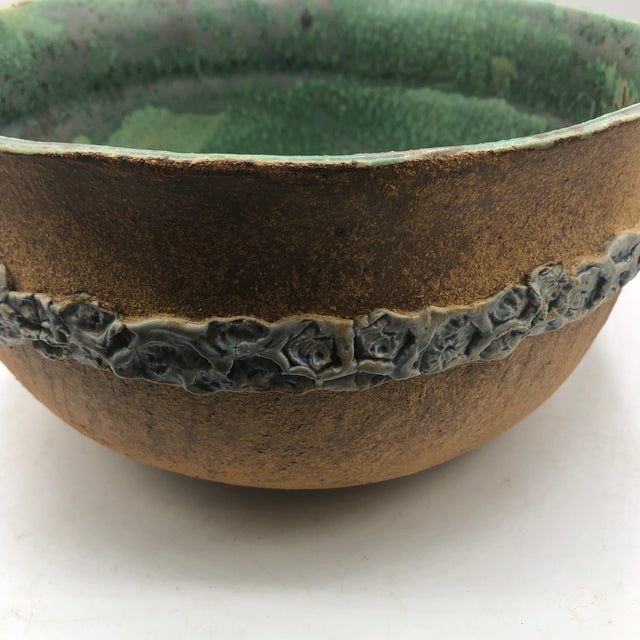 Brown Banded Pottery Bowl With Green Interior For Sale - Image 8 of 12