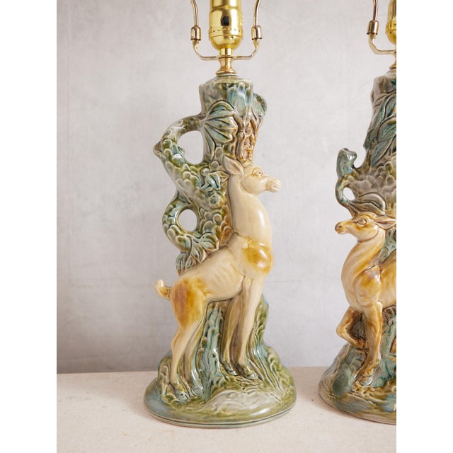 Mid 20th Century Mid 20th Century Deer Ceramic Lamps With Majolica Style Glaze - a Pair For Sale - Image 5 of 17