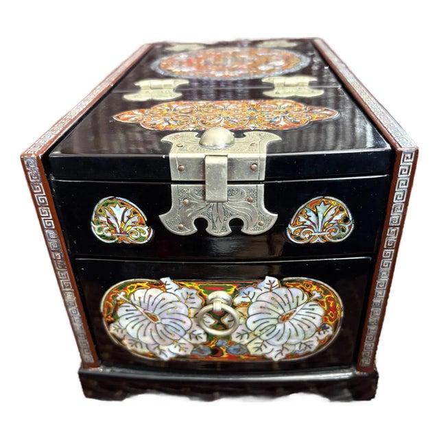 Vintage Black Jewelry Box With Abalone Inlay in the Shape of Butterflies and Flowers For Sale
