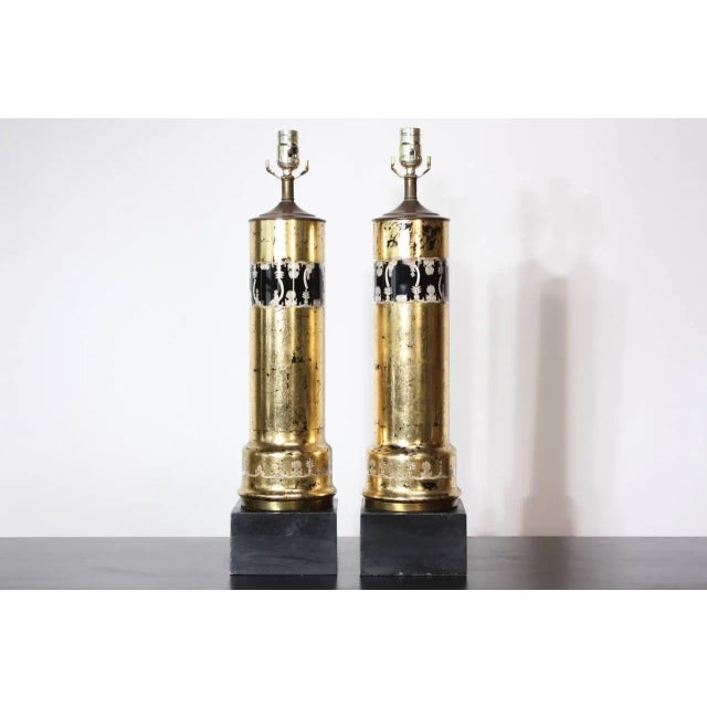 These Italian Mid-Century Modern table lamps were constructed using reverse applied gold-leaf and transfer printed...