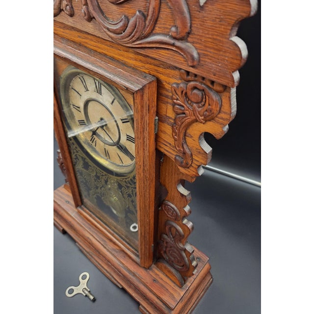 Antique New Haven "Maine Line" 8-Day Striking Stenciled Glass & Wood Case Mantel Clock For Sale - Image 12 of 18