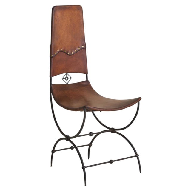 Rare French Iron Leather Accent Chair Attributed to Sido & François Thévenin, 1970s For Sale