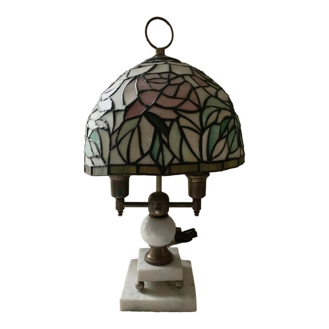 Mid-Century Tiffany Style Lamp With Marble & Brass Base For Sale
