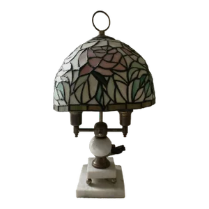 Mid-Century Tiffany Style Lamp With Marble & Brass Base