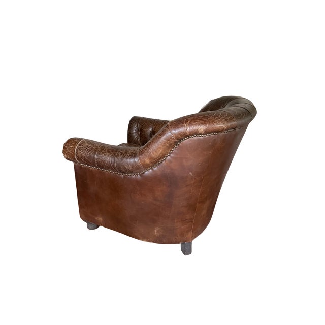 Restoration Hardware Distressed Leather Club Chairs, Pair – Tufted English Library Lounge Chairs With Rolled Arms & Brass Casters For Sale - Image 14 of 18