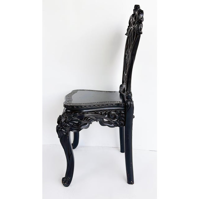Early 20th Century Chinese Heavily Carved Ebonized Chair With Art Nouveau Influence, Greek Key Trim For Sale - Image 4 of 15