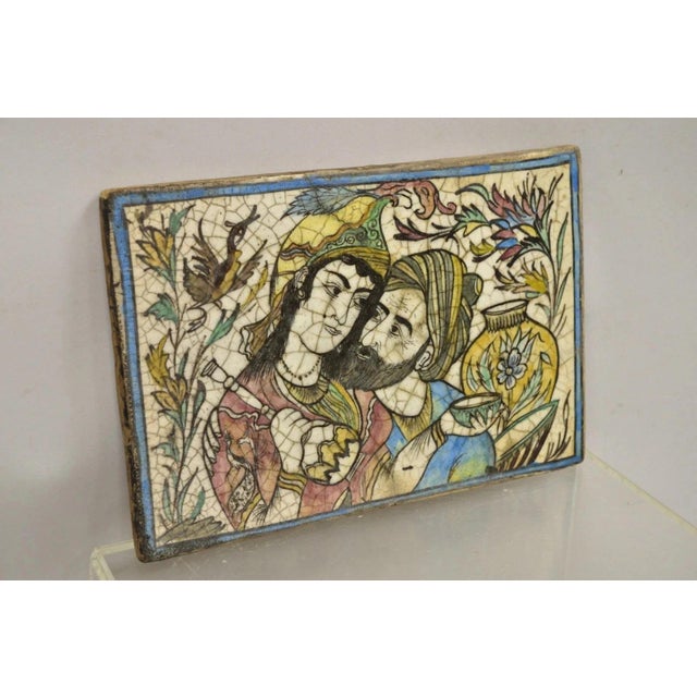Antique Persian Iznik Qajar Style Ceramic Pottery Tile Bearded Man and Woman C2 For Sale - Image 10 of 10
