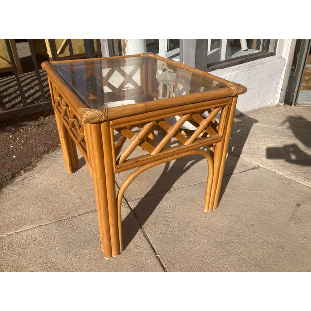 1970s Ficks Reed Natural Rattan Lattice Pattern Side Table For Sale - Image 5 of 11