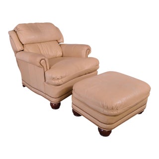 Southwood Quality Tan Leather Reclining Lounge Chair with Ottoman For Sale