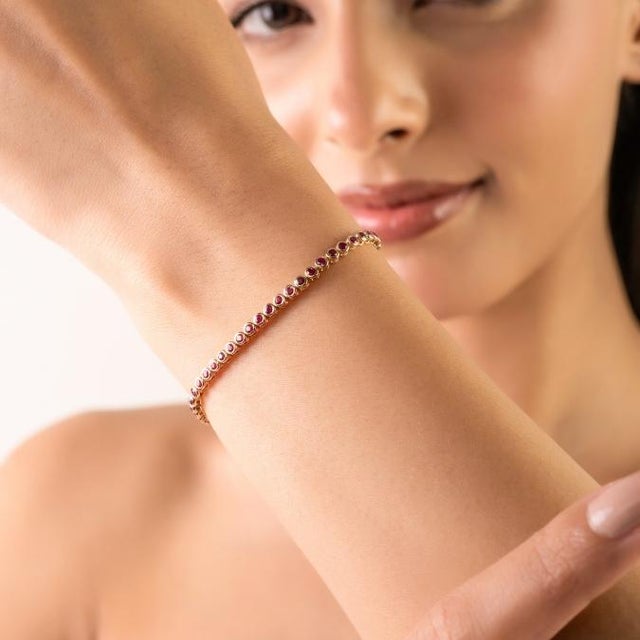 Antique Edwardian Ruby Rivière Bracelet in 14k Yellow Gold- 7 Inches For Sale - Image 4 of 14