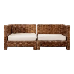 Billy Baldwin Style Two Part Cane Basketweave Parsons Sofa Settee