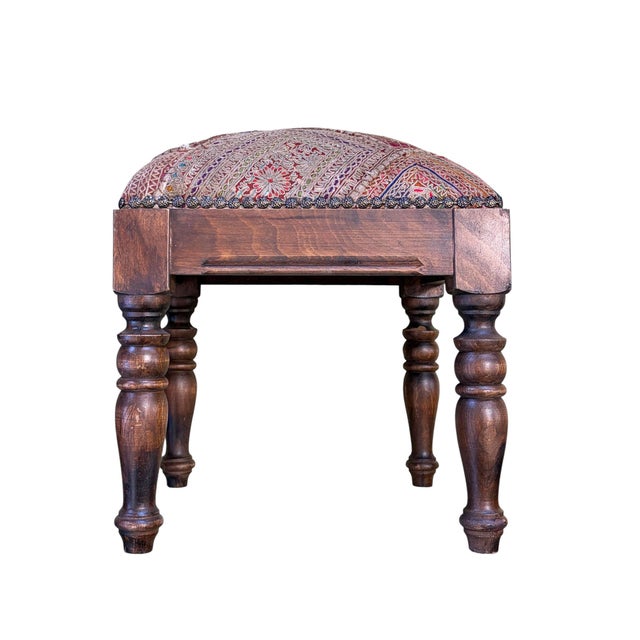 Vintage Stool/Footstool Upholstered W/Kutchi Indian Banjara Fabric With Mirrors 15" H For Sale - Image 9 of 9