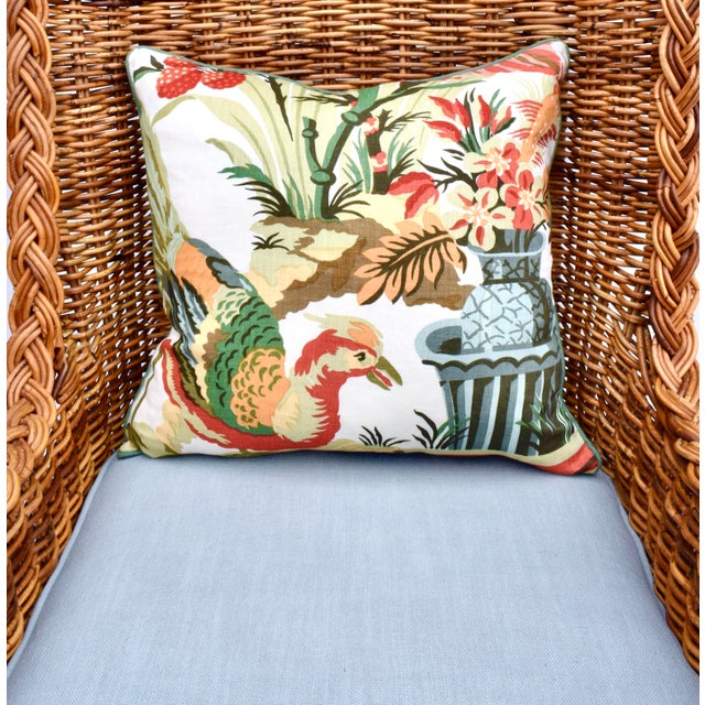 Scarcely seen Michael Taylor 1960's braided wicker rattan wingback chair & ottoman set with new custom cushions...