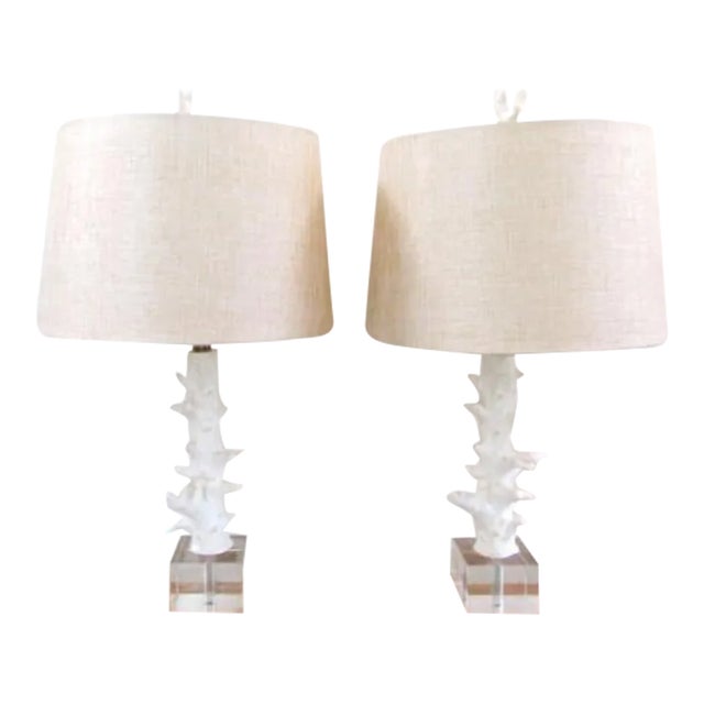 Pair of Uttermost Corallo White Coral Crystal Cube Wood Pattern Base Table Lamps For Sale