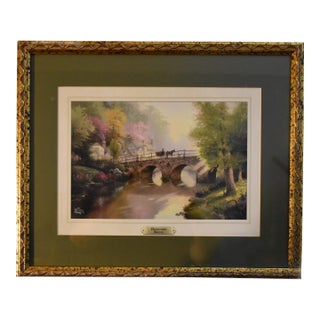 Vtg. Thomas Kinkade Hometown Bridge Framed Matted Art Lithograph Print For Sale